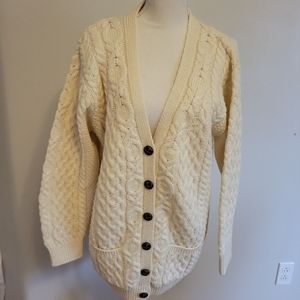Arancrafts Ireland Chunky Knit Cardigan Sweater Ivory 100% Merino Wool XL